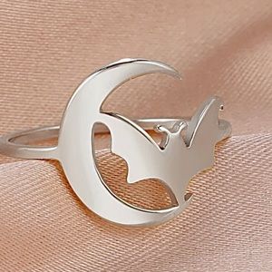 Bat Ring Crescent Moon Womans Jewelry Spooky goth Witch Halloween Silver new